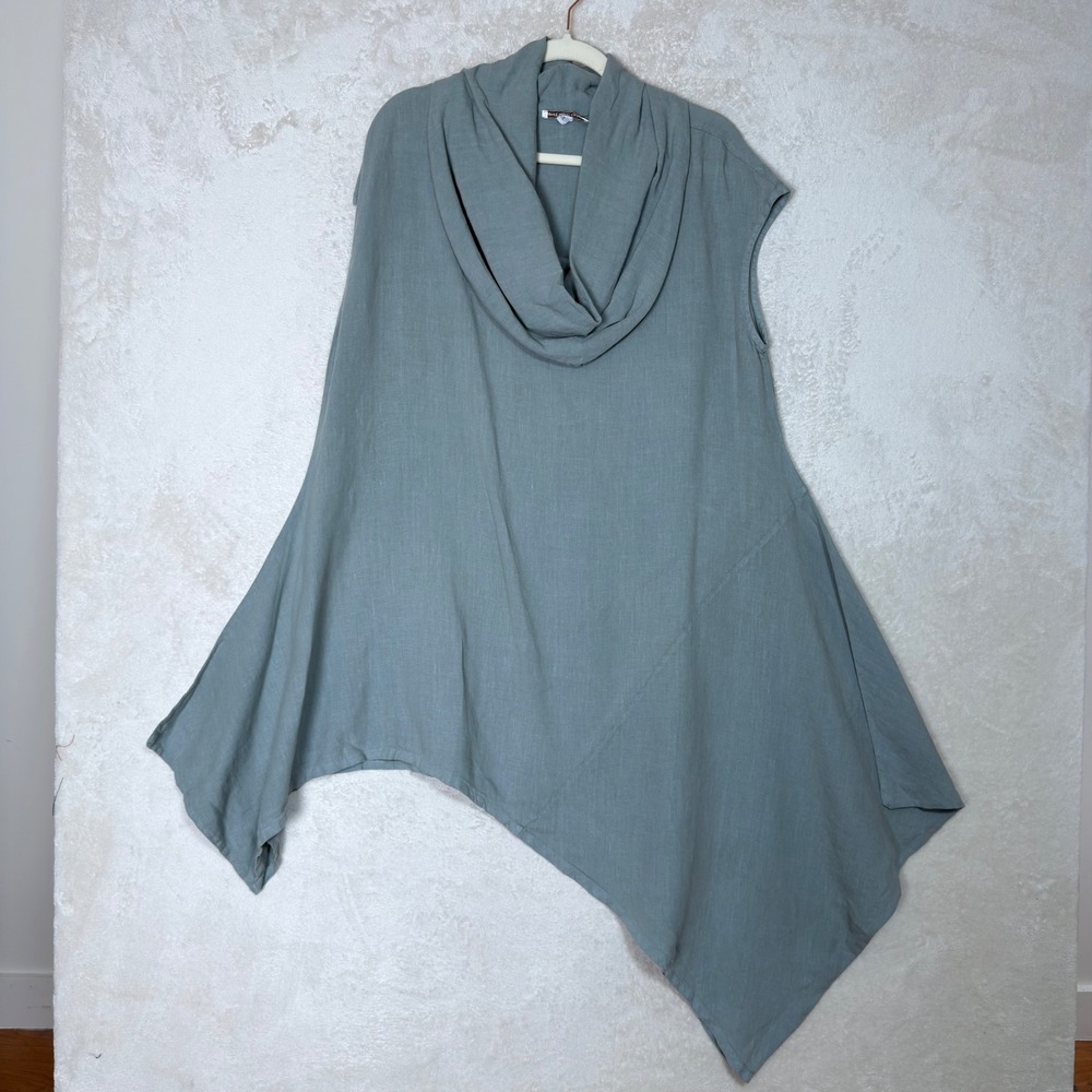 Made in USA 100% Linen Cowl Neck Asymmetrical Sharkbite Tunic Top Sage Lagenlook